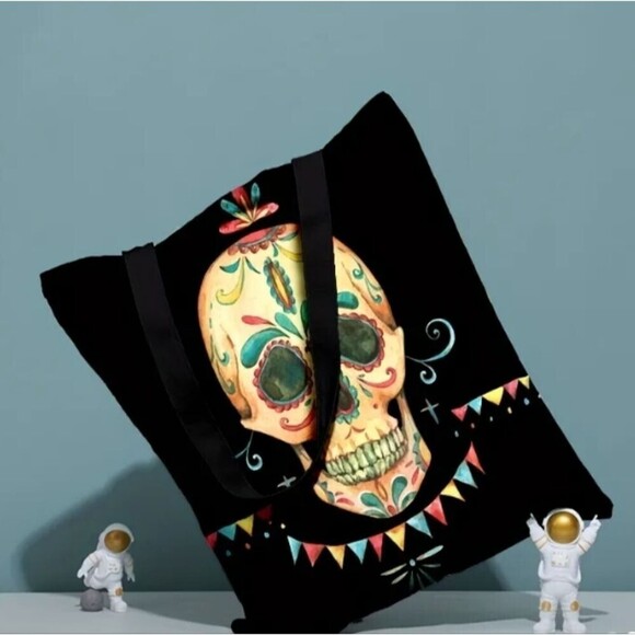 BLACK sugar skull tote bag - Picture 3 of 6